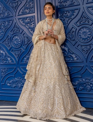 Peach net lehenga choli adorned with exquisite stone embellishments