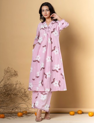 Pink printed kurti set in cotton for women