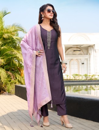 Purple silk salwar suit for festive for women