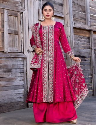 Rani color satin palazzo suit with dupatta