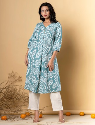 Sage green silk kurti set in printed for Women