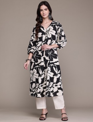 Women's Black Printed Silk Kurti Set