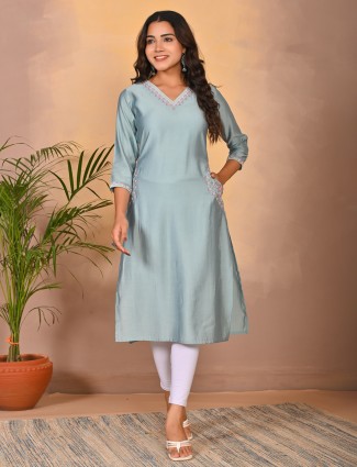 Sky blue cotton silk casual kurti