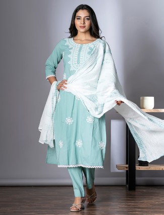 Sky blue embroidery cotton kurti set with dupatta for women