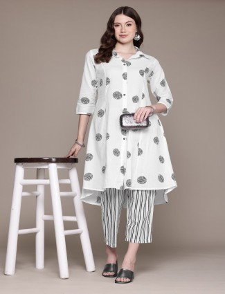 White and black cotton silk kurti set for women