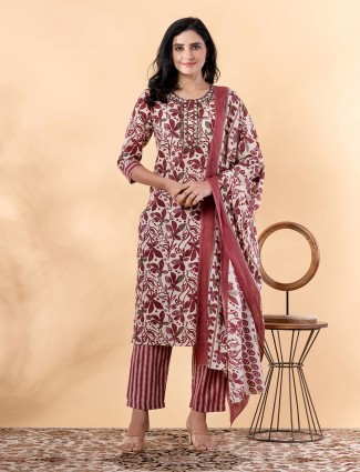 Wine printed silk kurti set for Women