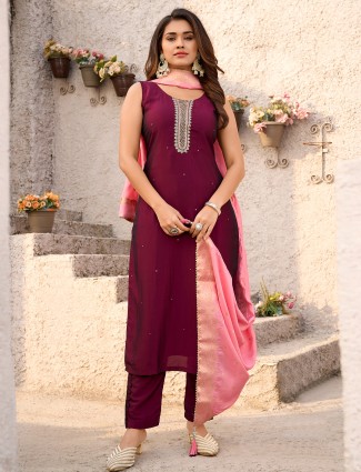 Light purple silk palazzo suit with sequins embellishment