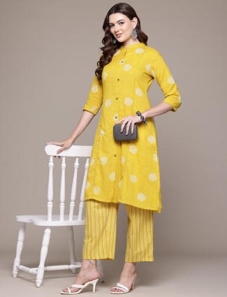 Women's Yellow Printed Cotton Kurti Set