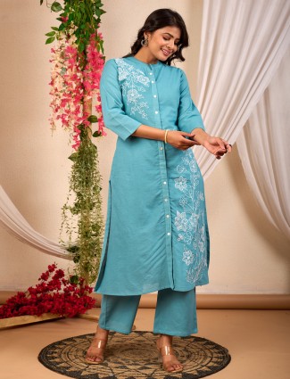 Aqua Cotton cotton silk Kurti Set with Thread Embroidery