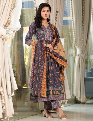 Blue cotton cotton silk casual kurti set