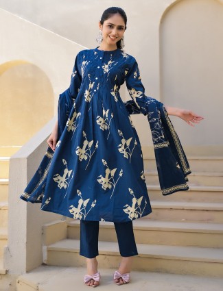 Blue printed cotton cotton silk kurti set for festive