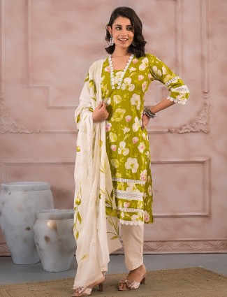 Green stylish cutwork cotton kurti set