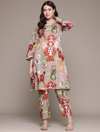 Grey printed kurti set in cotton cotton silk