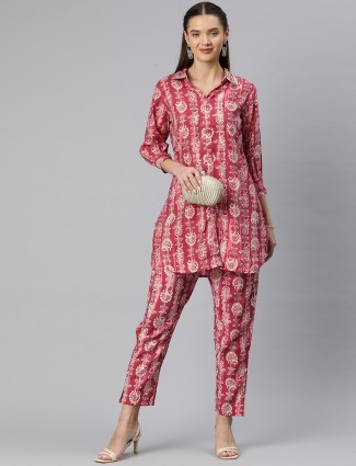 Latest red silk printed co-ord set