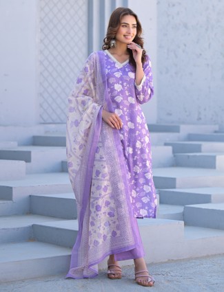 Graceful Light purple cotton silk kurti set in printed