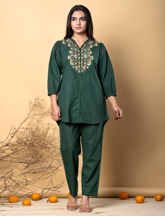 Bottle green cotton silk co-ord set