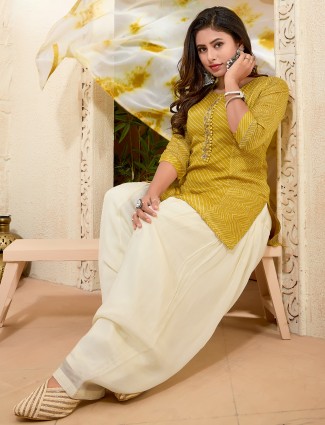 Mustard yellow printed silk patiala suit