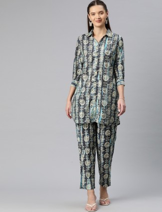 Navy silk printed co-ord set for women