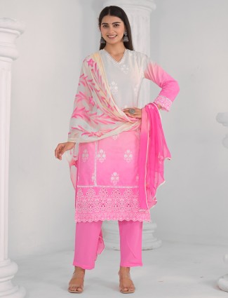 Pink and white cotton silk kurti set for women 