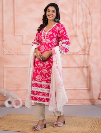 Pink cotton silk kurti set with cutwork for Women
