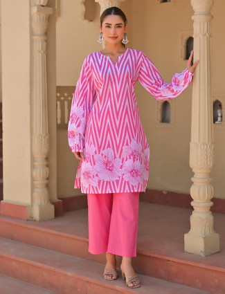 Pink printed cotton silk kurti set for festive