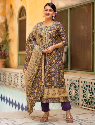 Purple printed kurti set in cotton cotton silk