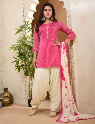 Rani color silk printed patiala suit