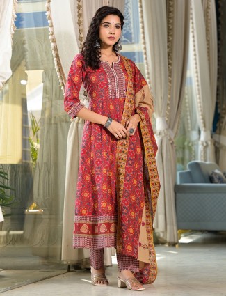 Red cotton cotton silk printed kurti set
