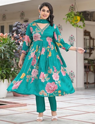 Sage green printed cotton silk kurti set for women