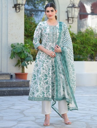 White and green cotton printed kurti set