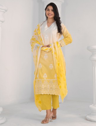 Yellow and white kurti set in cotton silk for Women