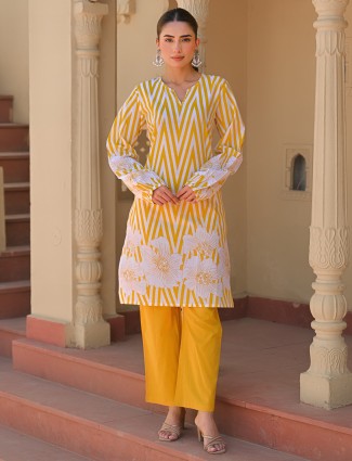 Yellow printed cotton kurti set for festive