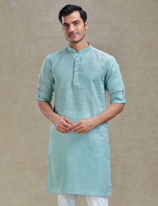Mist green linen kurta for ethnic look
