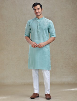Mist green linen kurta pajama for ethnic look