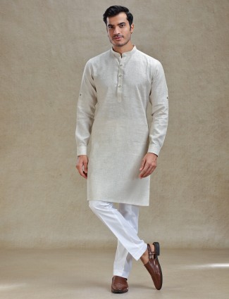 Natural beige linen kurta suit for festive