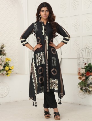 Black russian silk kurti ensemble with design