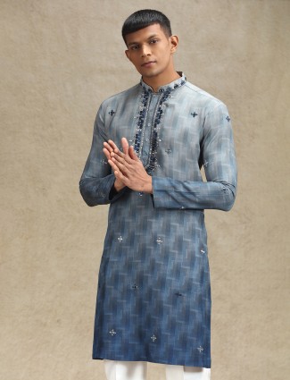 Stylish grey kurta pajama with embroidery and mirror accents