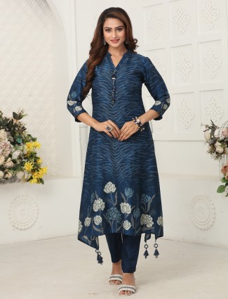 Navy printed kurti ensemble in soft russian silk