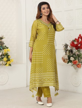 Olive printed kurti ensemble in russian silk