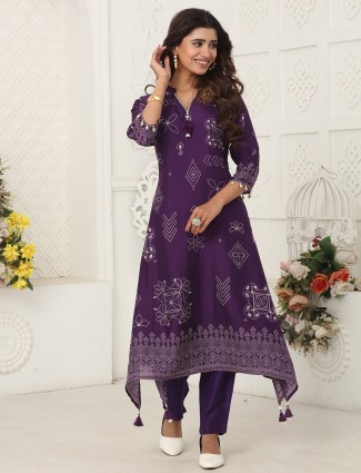 Purple kurti attire in decorative russian silk