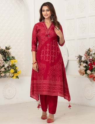 Red russian silk kurti outfit with design