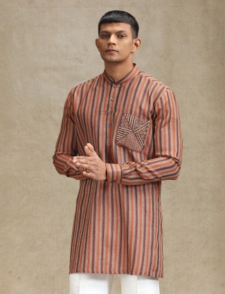 Striped rust orange and brown kurta pajama set for a trendy appeal