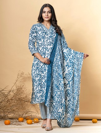 Blue printed cotton silk kurti set for women with pant