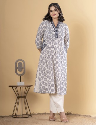 Cream printed cotton silk kurti set for women