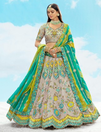 Silk grey and green unstitched lehenga choli