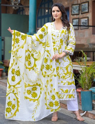 Lemon green printed cotton kurti set for women