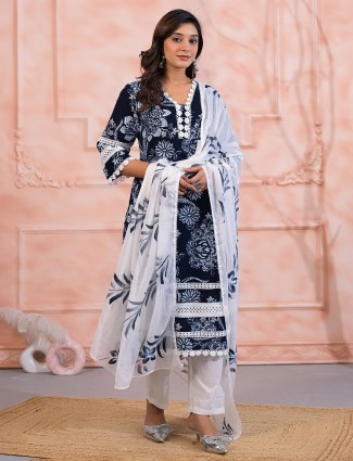 Navy cotton printed kurti set with dupatta