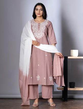 Onion pink kurti set in cotton with dupatta