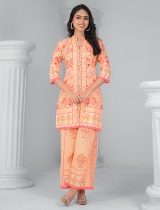 Peach printed cotton silk palazzo kurti set for women