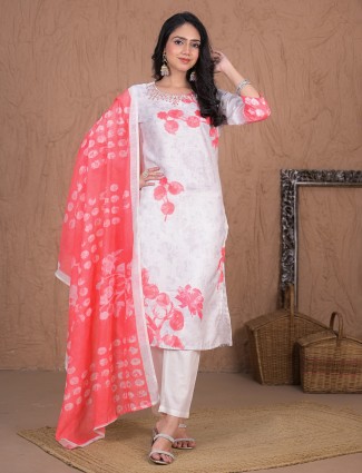 Peach printed cotton silk kurti set with dupatta